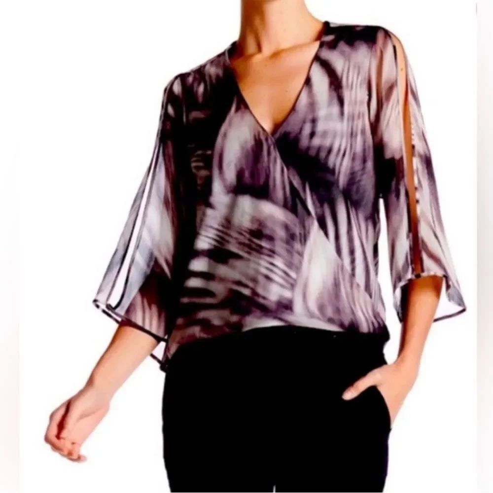 Halston Heritage Black Gray Mesh like Slit Long Sleeves Faux Wrap Blouse Size M